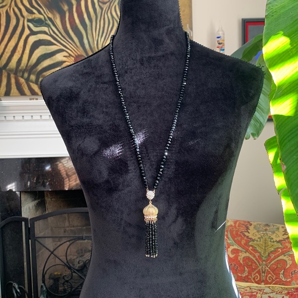 Stunner Beaded Tassel Necklace with Gold and Rhinestone - Picture 1 of 4